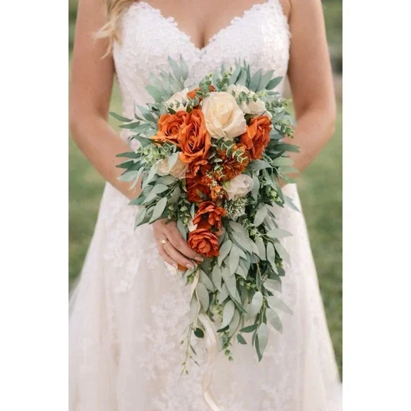 Large Silk Wedding Bouquet Orange Ivory Roses Cascade Bridal Flowers 23" x 18" - Picture 1 of 8